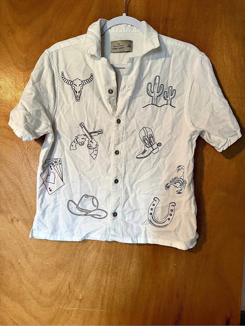 Vacation Linen Shirt Embroidered Western Shirt in White Size Small